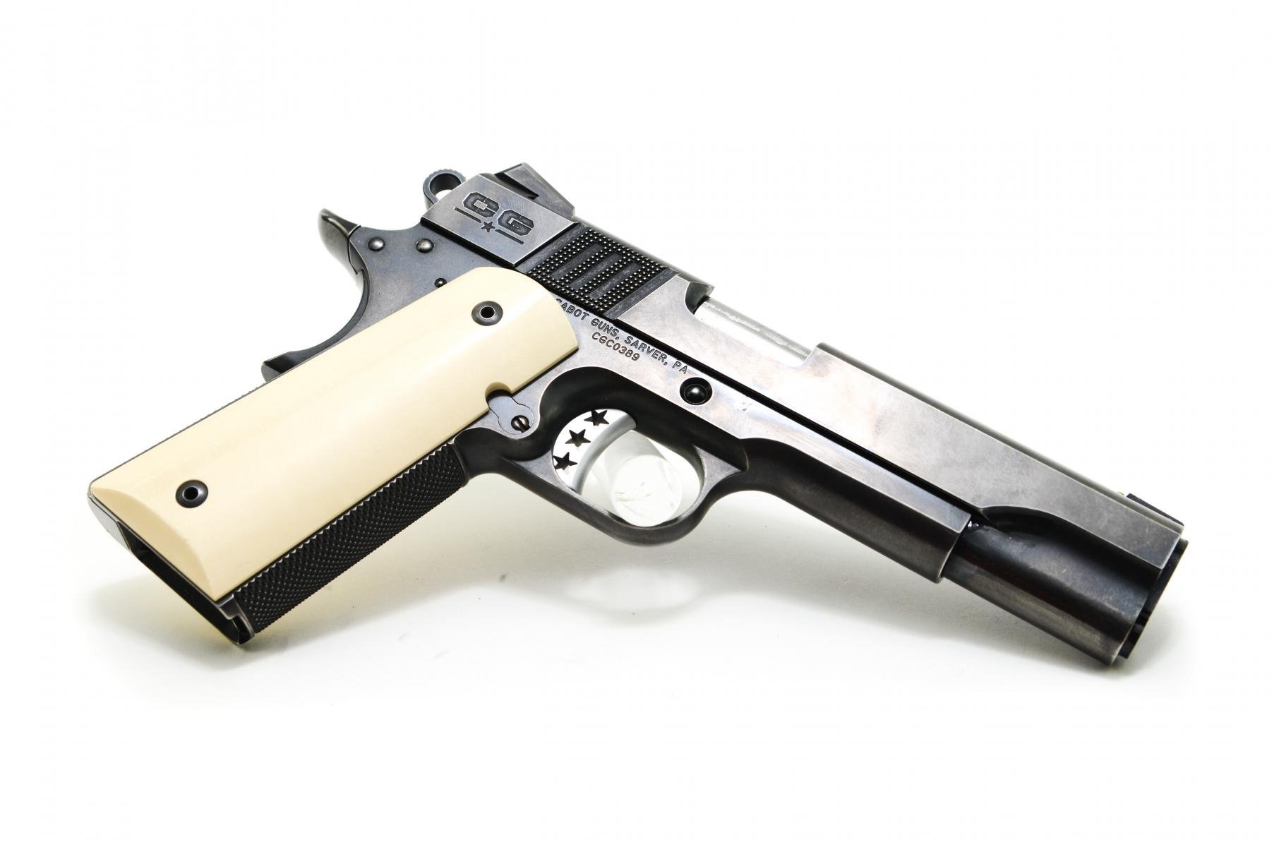 CONSIGNED Cabot S100 Vintage Classic 1911 |45ACP 5" Barrel, Cabot Vintage Classic Finish, Gold Bead Reverse Dovetail Front Sight, Serrated Slide Top, Cabot Trinity Stripe Rear Slide Serrations, American Holly Grips