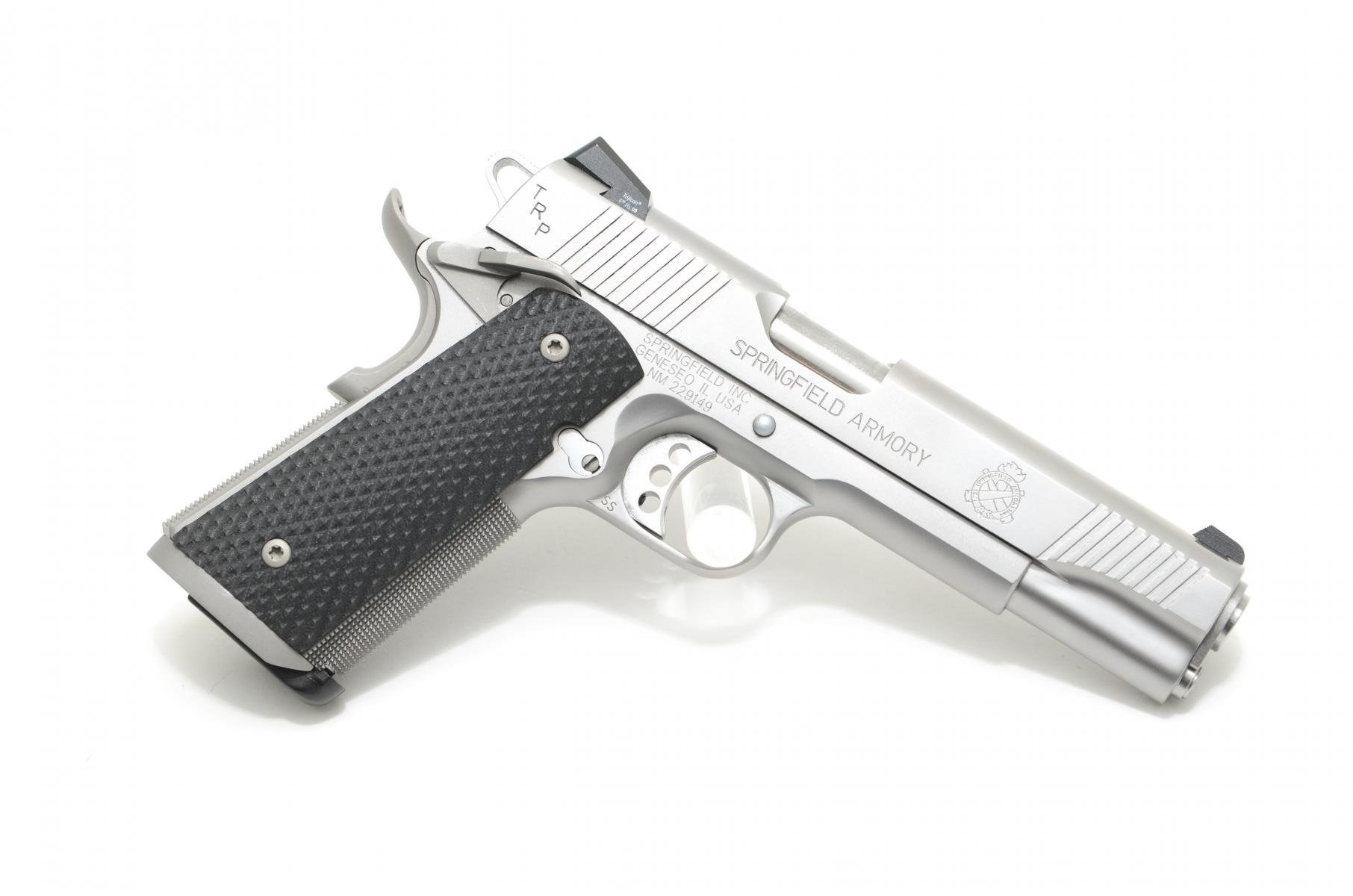 USED Model 1911-A1 Tactical Response Loaded .45 ACP 5 Inch Barrel Stainless Steel Finish Trijicon Night Sights 7 Round With 11 Gear System Original Box