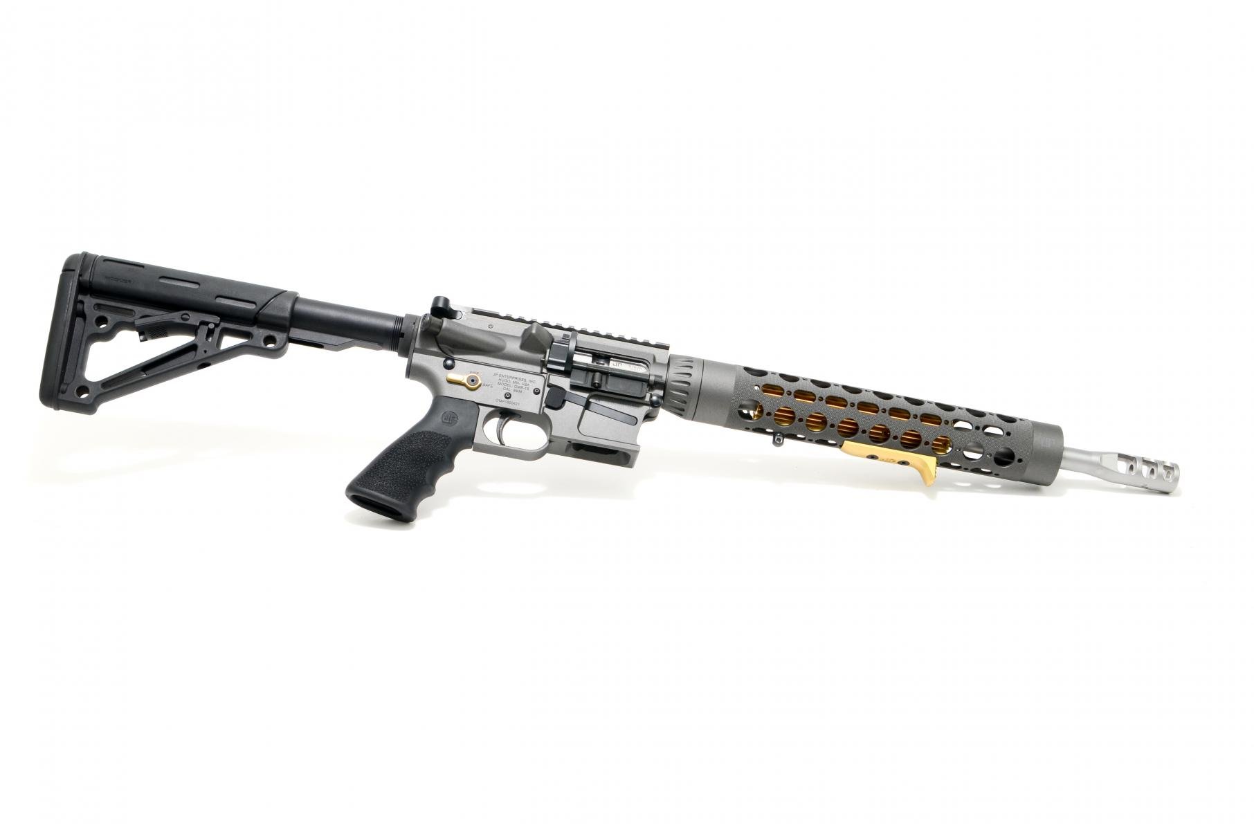 JP GMR-15 Rifle |9mm 14.5" Matte Bead Blast Stainless Barrel, Gray Cerakote, 12.5" RC Handguard, Gold Thermal Dissipator / Controls, Carbine Silent Captured Recoil Spring, 3-Port Comp, Hogue Stock, JP Trigger, Soft Case, 10 Round Glock Magazine