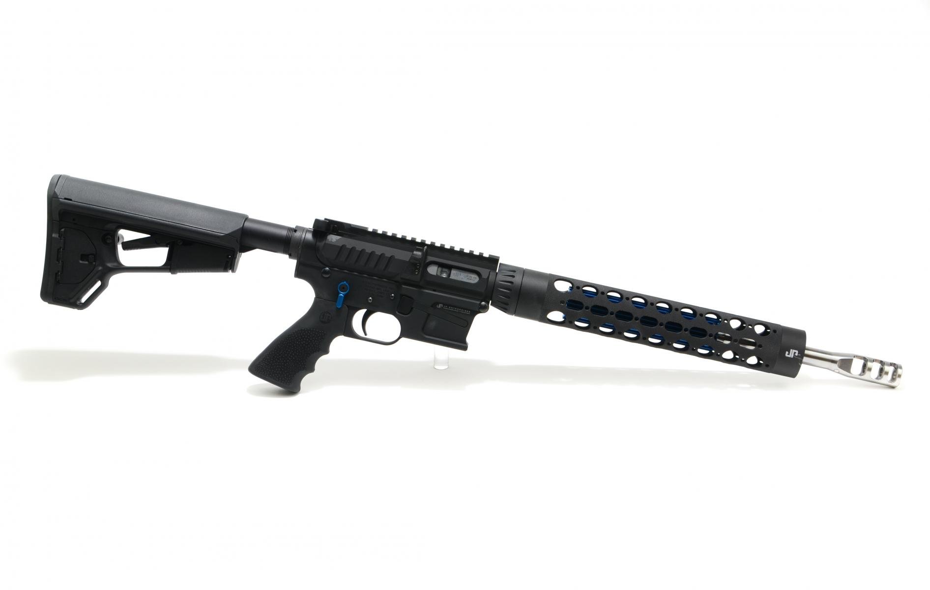 JP GMR-15 Dual Charge Rifle |9mm 14.5" Polished Stainless Barrel, Top Charge / Side Charge Upper, Blue Thermal, 12.5" RC Handguard, Carbine Silent Captured Recoil Spring, 3-Port Comp, Magpul ACS Stock, JP Trigger, Soft Case, 10 Round Glock Magazine