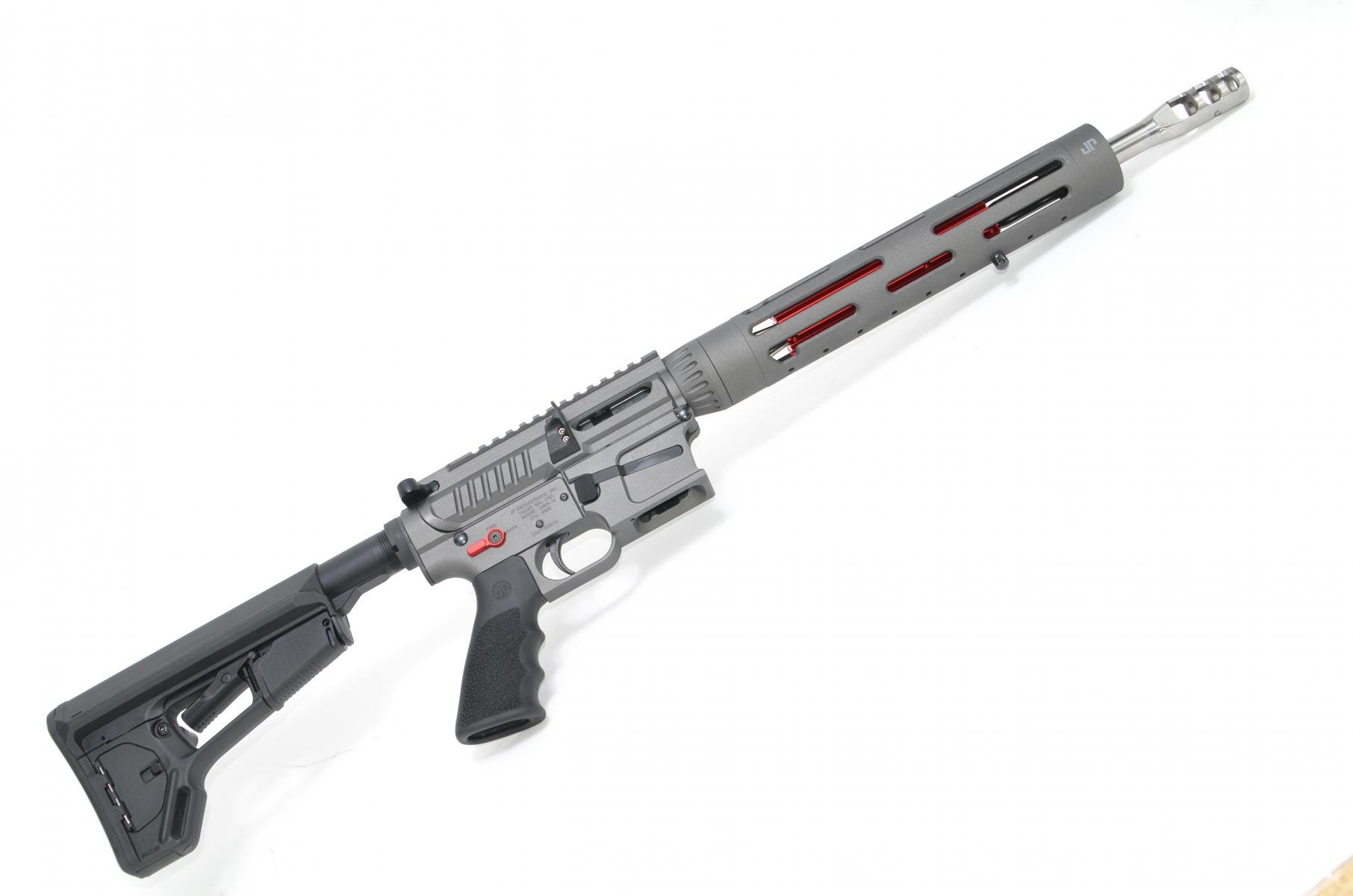 JP GMR-15 Dual Charge Rifle |9mm 14.5" Polished Stainless Barrel, Gray Cerakote, Top Charge / Side Charge Upper, Red Thermal, 12.5" Handguard, Carbine Silent Captured Recoil Spring, Magpul ACS-L Stock, JP Trigger, Soft Case, 10 Round Glock Magazine