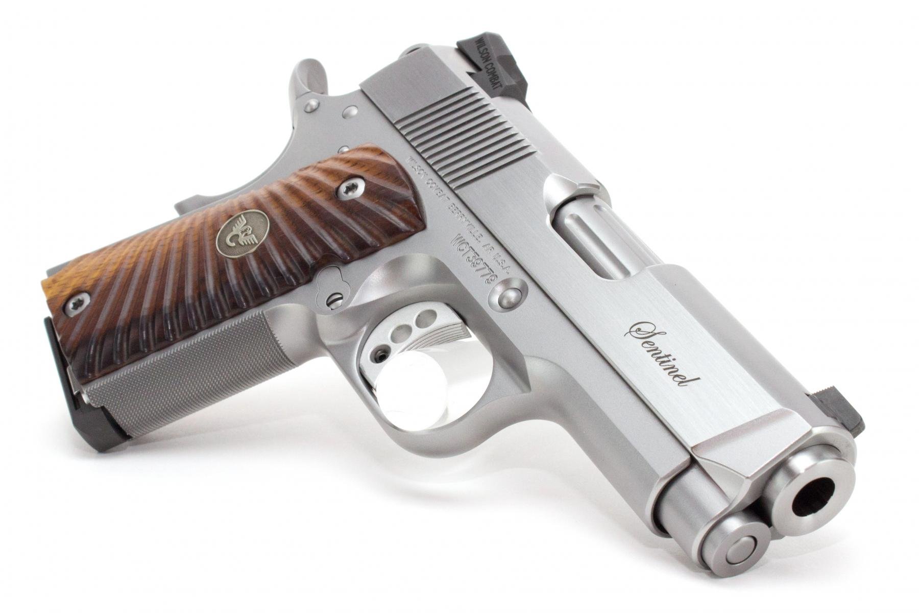 Wilson Combat Sentinel |9mm 1911, 3.6" Match Grade Bull Barrel, Stainless Steel Slide + Frame, Carry Cuts, Fluted Chamber, Countersunk Slide Stop, Cocobolo Starburst Grips, Gold Bead Front Sight