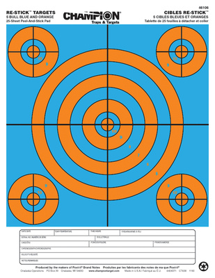Re-Stick Targets 5-Bull Blue And Orange 8.5x11 Inch 25 Per Pad
