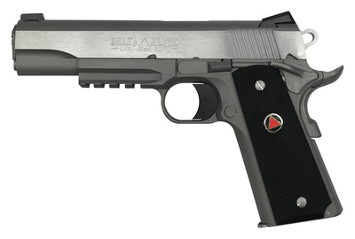 Government Delta Elite Rail 10mm 5 Inch Barrel Stainless Steel Frame and Slide with Brushed Finish Novak Sights Black Checkered Composite Grips With Delta Medallions 8 Round