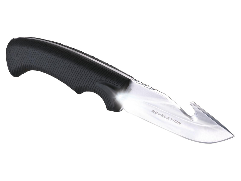 Revelation Lighted Knife With Gut Hook 4 Inch Drop Point Blade Black Handle Clam Packaged