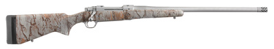 Hawkeye FTW Hunter 6.5 Creedmoor 24 Inch Threaded Barrel 1/2-24 TPI Hawkeye Matte Stainless Finish Hinged Floorplate Magazine Laminate Wood Stock With Natural Gear Camo Finish 4 Rounds