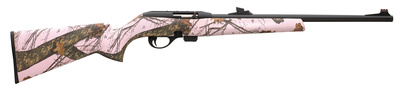 Model 597 .22 Long Rifle 20 Inch Carbon Steel Barrel Matte Black Finish Synthetic Stock Mossy Oak Pink Camouflage Finish TruGlo Fiber Optic Sights 10 Round