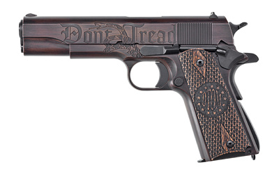 Liberty, Semi-automatic, Full Size 1911, 45 ACP, 5" Barrel, Steel Frame, Black/Brown Custom Cerakote on Engraved Slide and Frame, Engraved Goncalo Wood Grips, 7Rd, 1 Magazine, Fixed Sights, Features Patriotic Engraving including engraved Gadsden Snake an