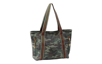 Tote Style Purse, Black/Green/Brown Camo Pattern with Stripes, Universal Fit Holster Included BDP-049