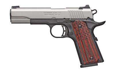 1911-380, Black Label Pro, Semi-automatic, 1911, 380 ACP, 4.25" Barrel, Black and Stainless Two-Tone Color, Satin Finish, Composite Frame, Ambidextrous Thumb Safety, American Flag Laminate Grips, White 3 Dot Sights, 8Rd, 2 Magazines 051977492
