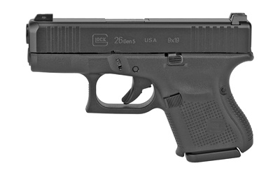 26 Gen5, Striker Fired, Sub Compact, 9MM, 3.43" Marksman Barrel, Polymer Frame, Matte Finish, Glock Night Sights, 10Rd, 3 Magazines, Ambidextrous Slide Stop Lever, nDLC Finished Slide and Barrel, No Finger Grooves, Front Serrations UA265S701