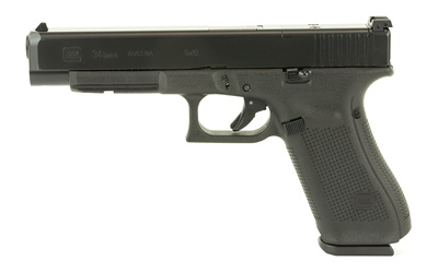 34 Longslide Gen 5, Safe Action, Modular Optic System, 9MM, 5.31" Marksman Barrel, Polymer Frame, Adjustable Sights, 10Rd, Prac/Tac, 3 Orange Follower Magazines, Glock OEM Rail, Ambidextrous Slide Stop Lever, Flared Mag Well, nDLC Finished Slide and  Bar