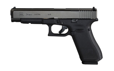 34 Longslide Gen 5, Safe Action, Modular Optic System, 9MM, 5.31" Marksman Barrel, Polymer Frame, Adjustable Sights, 17Rd, Prac/Tac, 3 Orange Follower Magazines, Glock OEM Rail, Ambidextrous Slide Stop Lever, Flared Mag Well, nDLC Finished Slide and Barr