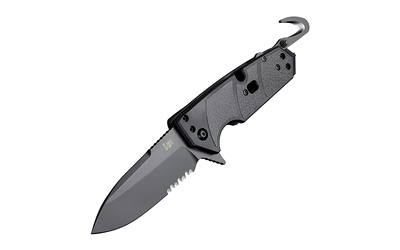 HK Karma First Response Tool, Folding Knife, 3.75" Spear Point Blade, Partially Serrated, 154CM Stainless Steel, Black Cerakote Finish, Black G10 Frame, Strap Cutter Blade, Oxygen Valve Wrench, Carbide Glass Breaker 54210