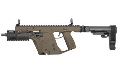 VECTOR SDP SB Enhanced, Flat Dark Earth, 45ACP, 6.5'' Threaded Barrel, KRISS Recoil Mitigation System, DEFIANCE Front and RearFolding Sights, SB Tactical SBA3 Collapsible Brace, KRISS Folding Adapter, 3 Lug Adapter, Mini Handguard, Short Rail Section, 1