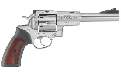 Super Redhawk, Revolver, Double Action, 10MM, 6.5" Barrel, Satin Stainless Finish, Rubber with Hardwood Insert Grips, 6Rd, Adjustable Rear Sight & Fixed Red Ramp Insert Front Sight, 3 Full Moon Clips 05524
