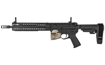Rare Breed Crusader with Painted Helmet, Semi-automatic AR Pistol, 223 Rem/556NATO, 11.5" Barrel, Aluminum Frame, Crusader Distressed Finish/Black, SB Tactical SBA3 Pistol Stabilizing Brace, 10" M-LOK Rail and R2 Brake, S.T. Billet Sights, Jeweled Mil-Sp