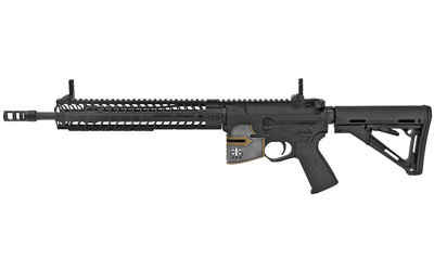 Rare Breed Crusader with Painted Helmet, Semi-automatic, 223 Rem/556NATO, 14.5" Barrel (16" OAL with Pinned Brake), Mid-Length Gas System, Crusader Distressed Finish/Black, Magpul CTR Stock, 12" M-LOK Rail and R2 Brake, S.T. Billet Sights, Jeweled Mil-Sp