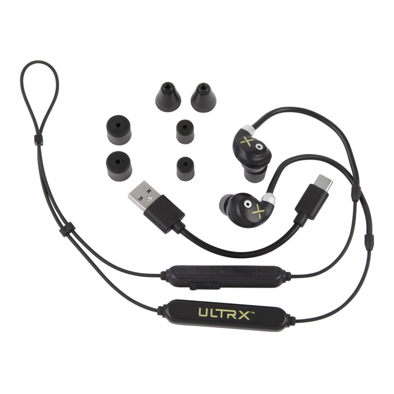 ULTRX E-Bud Neckband, Electronic Ear Plug, NRR 19-30 dB, Bluetooth 5.3, Rechargeable, Black 4159