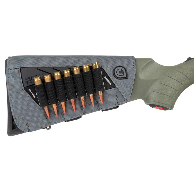 Next Shot, Bridger Buttstock Pouch, Gray, Holds up to (7) .223-300 Winchester Magnum Rifle Cartridges, Adjustable Strap 8524
