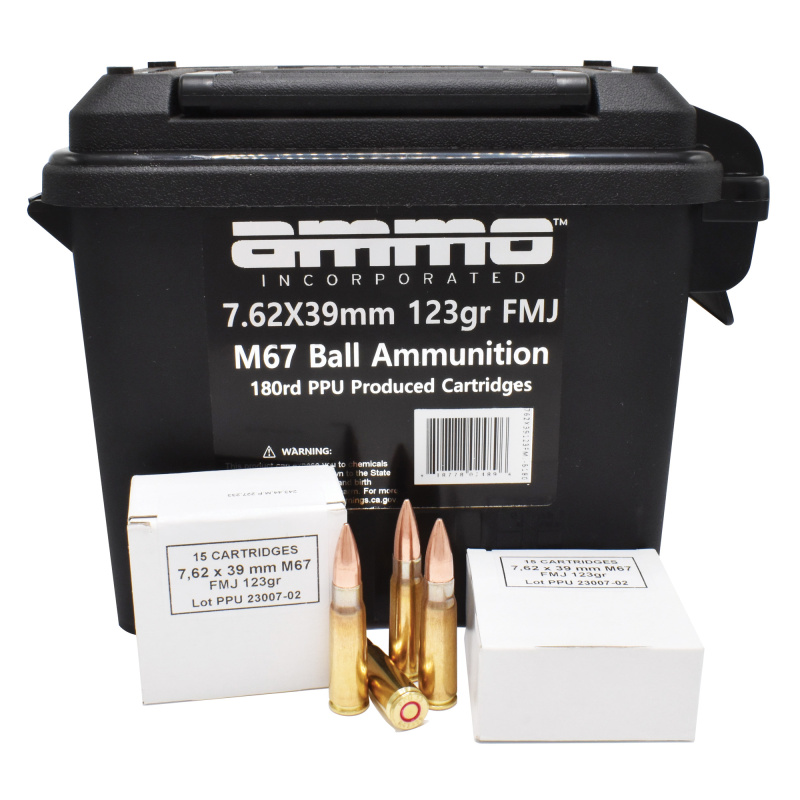 M67 Ball Ammunition, 7.62X39, 123 Grain, Full Metal Jacket, 180 Round Box 762x39123FMJ-B180