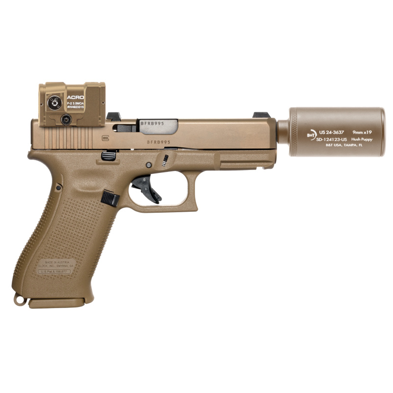 Hush Puppy Kit With 19X Pistol, Striker Fired, Semi-automatic, Polymer Frame Pistol, Compact, 9MM, 4" Barrel, Threaded 13.5X1 LH, Matte Finish, Coyote, Adjustable Sights, Aimpoint Acro P-2 Red Dot, 17Rounds, 2 Magazines, Includes Hush Puppy Project Model