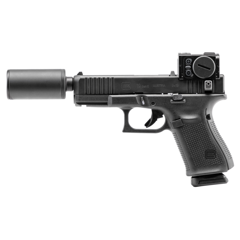 Hush Puppy Glock 19, Striker Fired, Semi-automatic, Polymer Frame Pistol, Compact, 9MM, 4" Barrel, Threaded 13.5X1 LH, Matte Finish, Black, Adjustable Sights, Aimpoint Acro P-2 Red Dot, 17 Rounds, 2 Magazines, Includes Hush Puppy Suppressor BT-HUSH-PUPPY