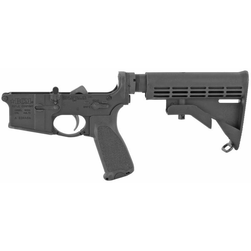 Semi-automatic Complete Lower Receiver, AR, 223 Rem/556NATO, Black Finish, BCM M4 Milspec Stock Gen 2, Fire Controls Marked SAFE and SEMI, BCMGUNFIGHTER Enhanced Trigger Guard, BCMGUNFIGHTER QD End Plate, BCMGUNFIGHTER Pistol Grip LRG-STK-M4
