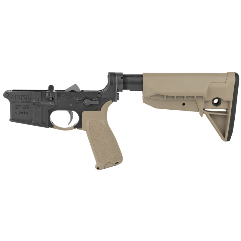 Semi-automatic Complete Lower, AR, 223 Rem/556NATO, Flat Dark Earth, BCMGUNFIGHTER Stock Mod 0 SOPMOD (Wide Body), Fire Controls Marked SAFE and SEMI,BCMGUNFIGHTER Enhanced Trigger Guard, BCMGUNFIGHTER QD End Plate, BCMGUNFIGHTER Pistol Grip LRG-STK-MOD-