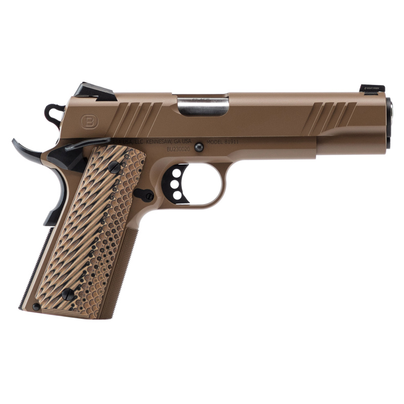 B1911, FDE, Single Action Only, Semi-automatic, Metal Frame Pistol, Full Size, 45ACP, 5" Barrel, Nitride Finish, Flat Dark Earth, Tritium Front Night Sight, Ambidextrous Safety, Flat Dark Earth VZ Grips, 8 Rounds, 1 Magazine B19117050DEHB