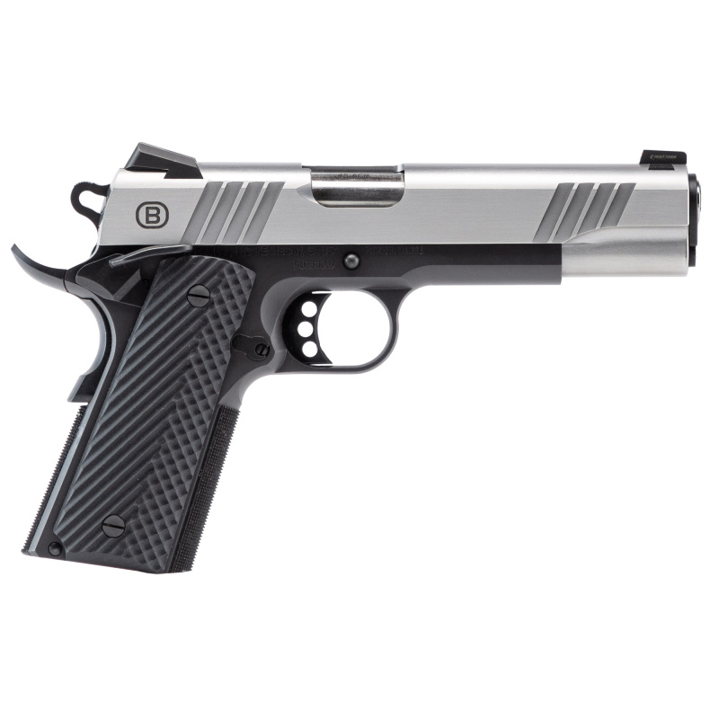 B1911, Two-Tone, Single Action Only, Semi-automatic, Metal Frame Pistol, Full Size, 45ACP, 5" Barrel, Brushed Stainless Steel Slide, Black Nitride Frame, Tritium Front Night Sight, Ambidextrous Safety, Black VZ Grips, 8 Rounds, 1 Magazine B19117050SBBK