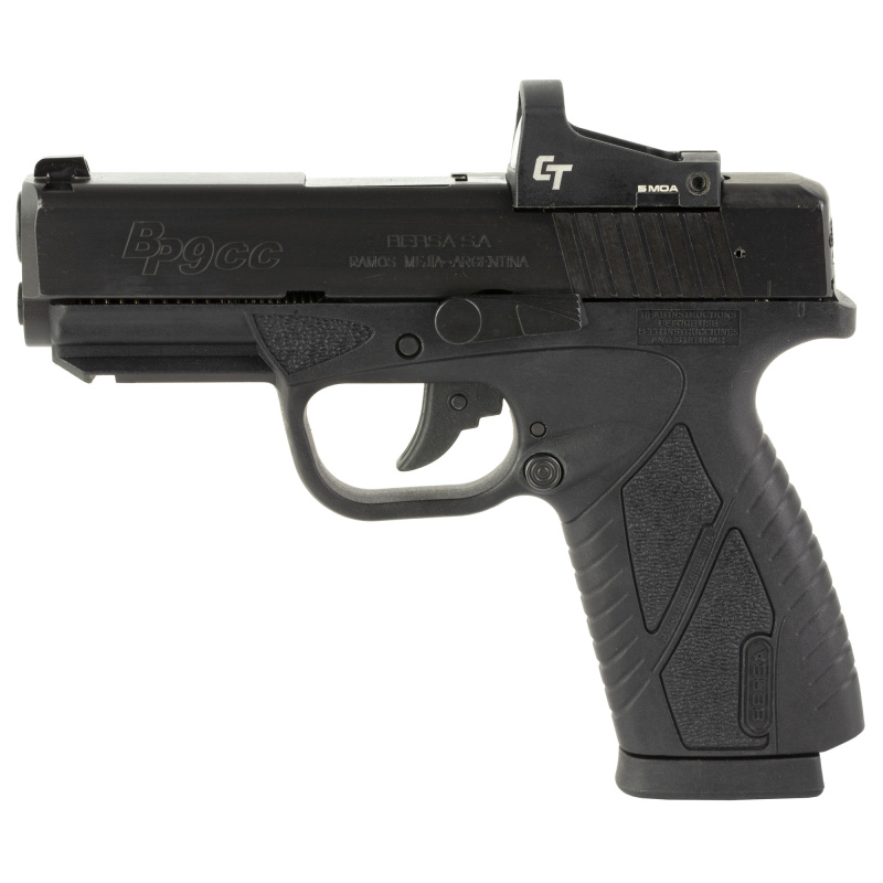 BP CC, Double Action, Semi-automatic, Polymer Frame Pistol, Compact, 9MM, 4" Barrel, Matte Finish, Black, Fixed Sights, No Thumb Safety, 8 Rounds, 1 Magazine, Includes Crimson Trace Red Dot BP9MCCL