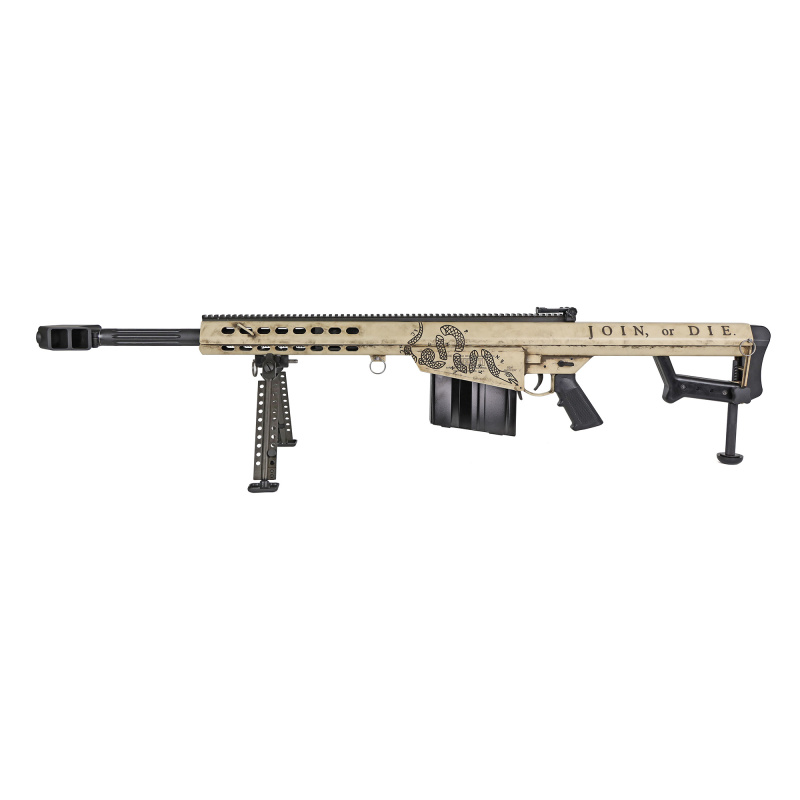82A1, Semi-automatic Rifle, .50 BMG, 20" Fluted Barrel, Muzzle Brake, Black, Cerakote Finish, Flat Dark Earth "Join or Die", Flip Up Iron Sights, Synthetic Stock, 10 Rounds, Includes Tomahawk, Challenge Coin, Certificate of Authenticity, Case, Bipod and