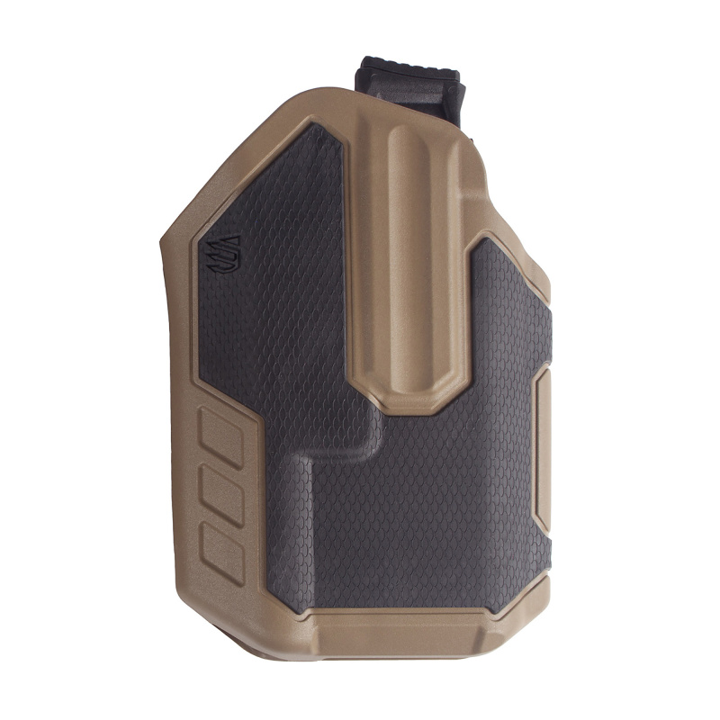 Omnivore Surefire X300A Multi-Fit Holster, Surefire X300A, Belt Holster, Right Hand, Black/Tan, Fits More Than 150 Styles of Semi-Automatic Handguns with Accessory Rail, Hard, Thumb Actived Active Retention Mechanism 419001BCR