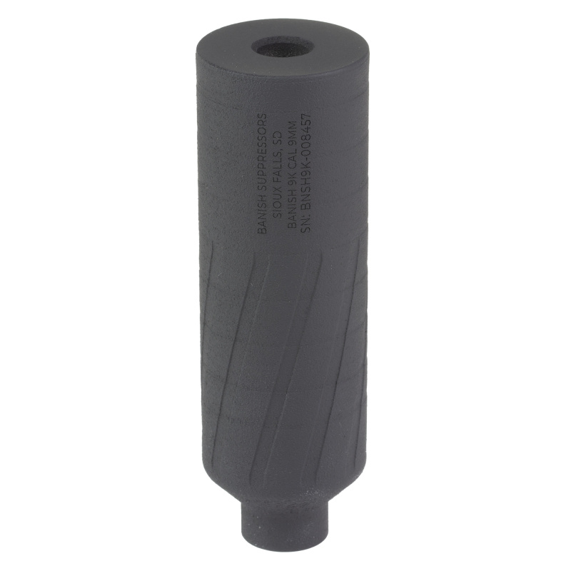 Banish 9K, Suppressor, 9MM, 4.1" Length, 1.3" Diameter, Titanium Construction, Cerakote Finish, Black, 1/2X28 Direct Thread Mount, 2.7oz 100000111179