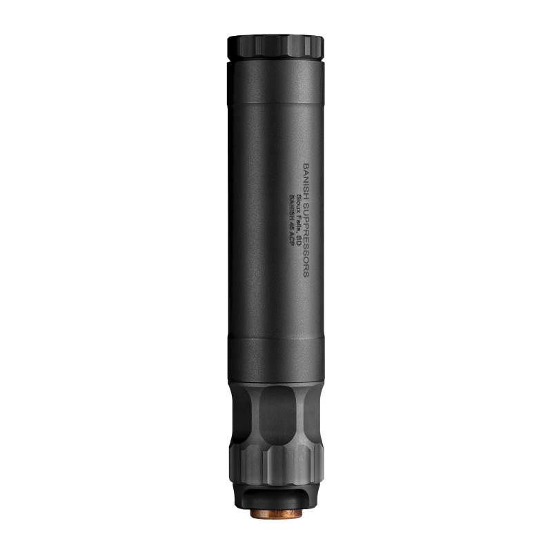 Banish 45, Suppressor, .45 Cal, 8.6" Long Configuration, 6.7" Short Configuration, 1.375" Diameter, Titanium Construction with Aluminum Baffles, Gun Kote Finish, Black, Includes .578X28 Direct Thread Piston Mount, 11oz 100000111322