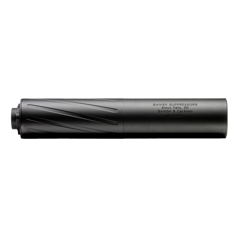 Banish 9, Suppressor, 9MM/300 Blackout, 6.8" Length, 1.35" Diameter, Titanium and Aluminum Construction, Cerakote Finish, Black, Includes 1/2X28 Piston Booster, 6.73oz 100000111369