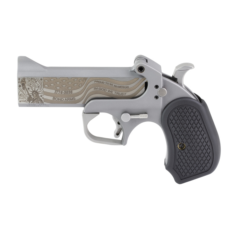 250th Rough Series, Derringer, 45 Colt/410 Bore, 2.5" Chamber, 4.25" 250th Anniversary Engraved Flat Barrel, Stainless Steel, Silver, Black B6 Resin Grips, 2 Rounds, Trigger Guard BA250TH-45LC-410