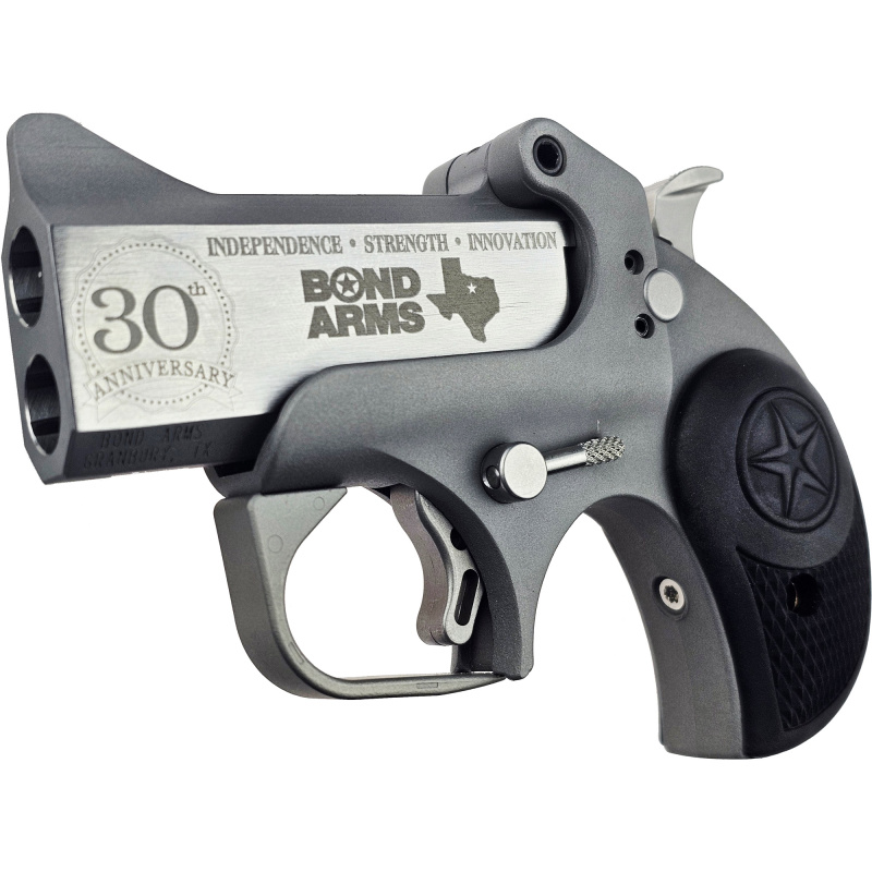 30th Rough Series, Derringer, 45 Colt/410 Bore, 2.5" Chamber, 3" 30th Anniversary Engraved Flat Barrel, Stainless Steel, Silver, Black Rubber Grips, Fixed Sights, 2 Rounds, With Trigger Guard BA30TH-45LC-410