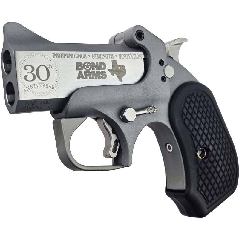 30th XL Rough Series, Derringer, 45 Colt/410 Bore, 2.5" Chamber, 3" 30th Anniversary Engraved Flat Barrel, Stainless Steel, Silver, B6 Black Extended Grips, Fixed Sights, 2 Rounds, with Trigger Guard BA30TH-XL-45LC-410