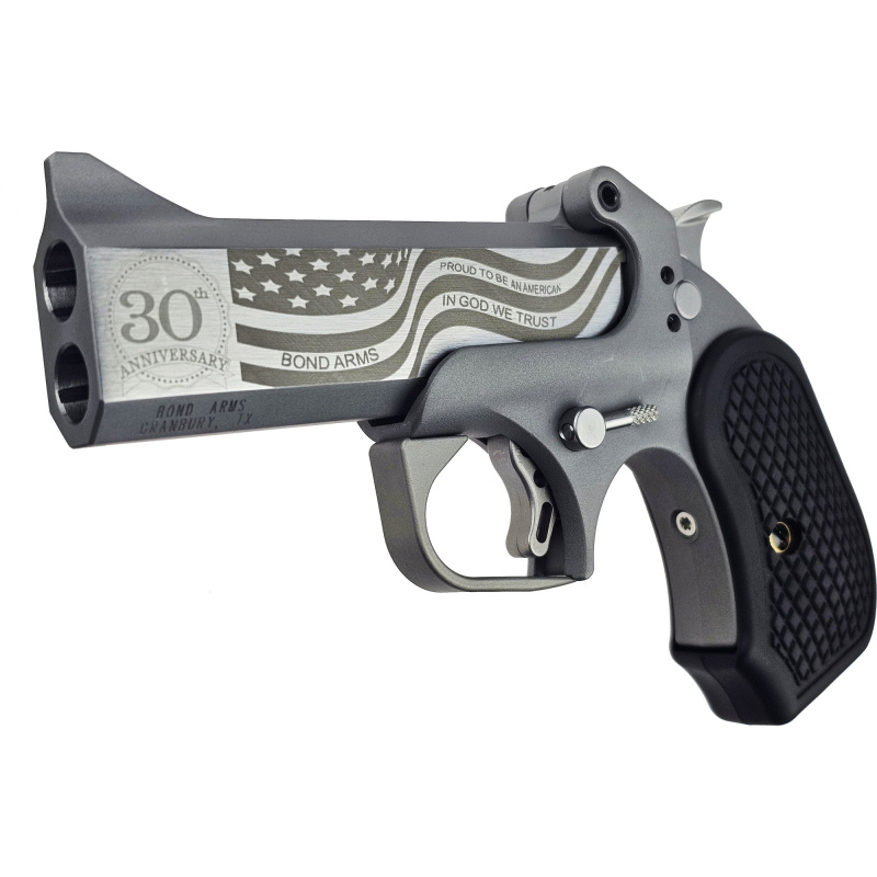 30th Vet Rough Series, Derringer, 45 Colt/410 Bore, 3" Chamber, 4.25" 30th Anniversary "Thank You Veterans" Engraved Flat Barrel, Stainless Steel, Silver, B6 Black Extended Grips, Fixed Sights, 2 Rounds, with Trigger Guard BA30THVET-45LC-410