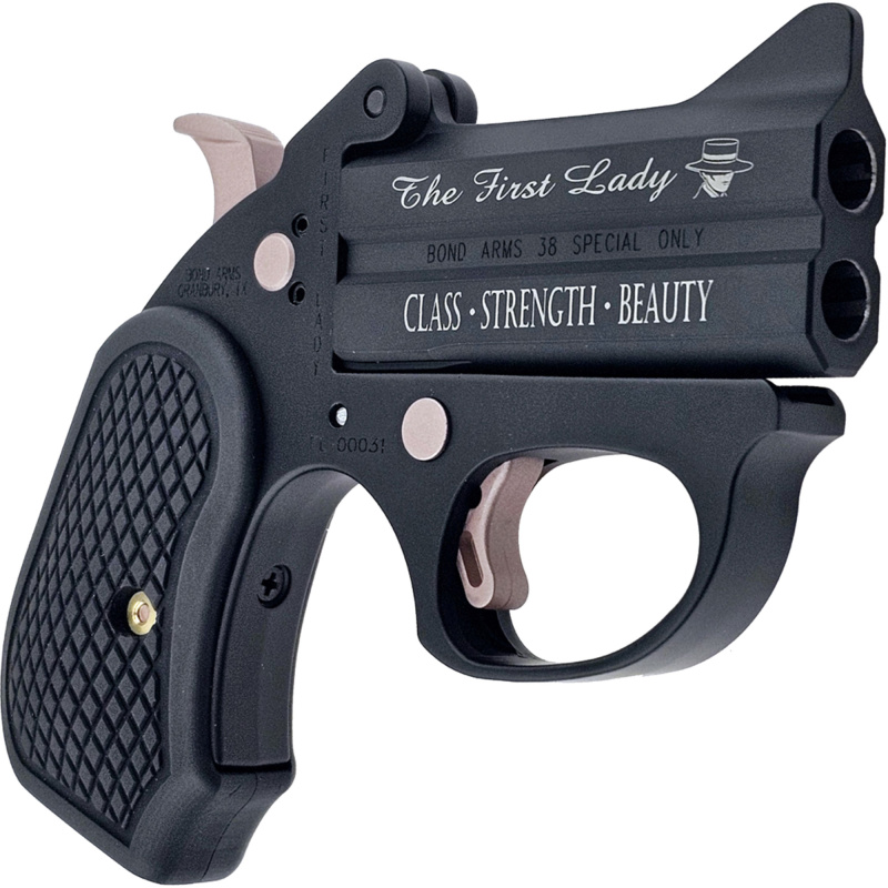 First Lady, Derringer, 38 Special, 3" Barrel, Stainless Steel, Cerakote Finish, Black with Rose Gold Highlights, B6 Resin Grips, Fixed Sights, Thumb Safety, 2 Rounds BAFL-BP-38SPL