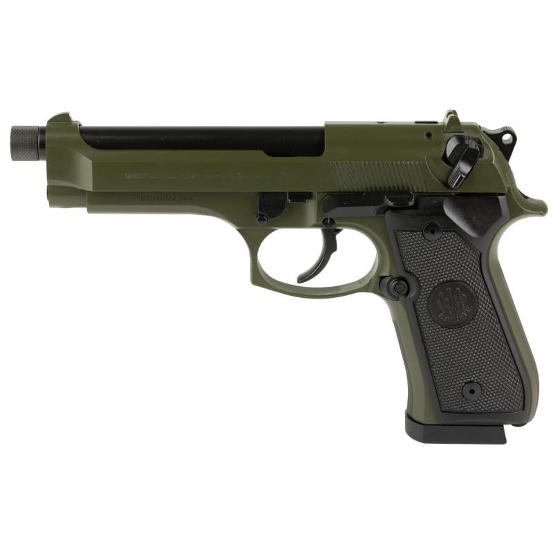 92FS, Double Action/Single Action, Semi-automatic, Full Size, 9MM, 5.1" Threaded Barrel, Cerakote Finish, Olive Drab Green, Polymer Grips, 18 Rounds, 2 Magazines J92F300GRTB18