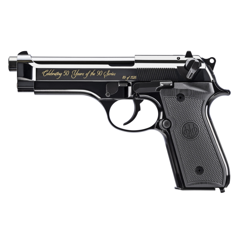 92SB 50th Anniversary Edition, Semi-automatic, Double Action/Single Action, Metal Frame Pistol, Full Size, 9MM, G10 Grips, Anodized Finish, Black, 4.9" Barrel, Fixed Sights, 15 Rounds, 2 Magazines, Include Challenge Coin and History Booklet J92SB15