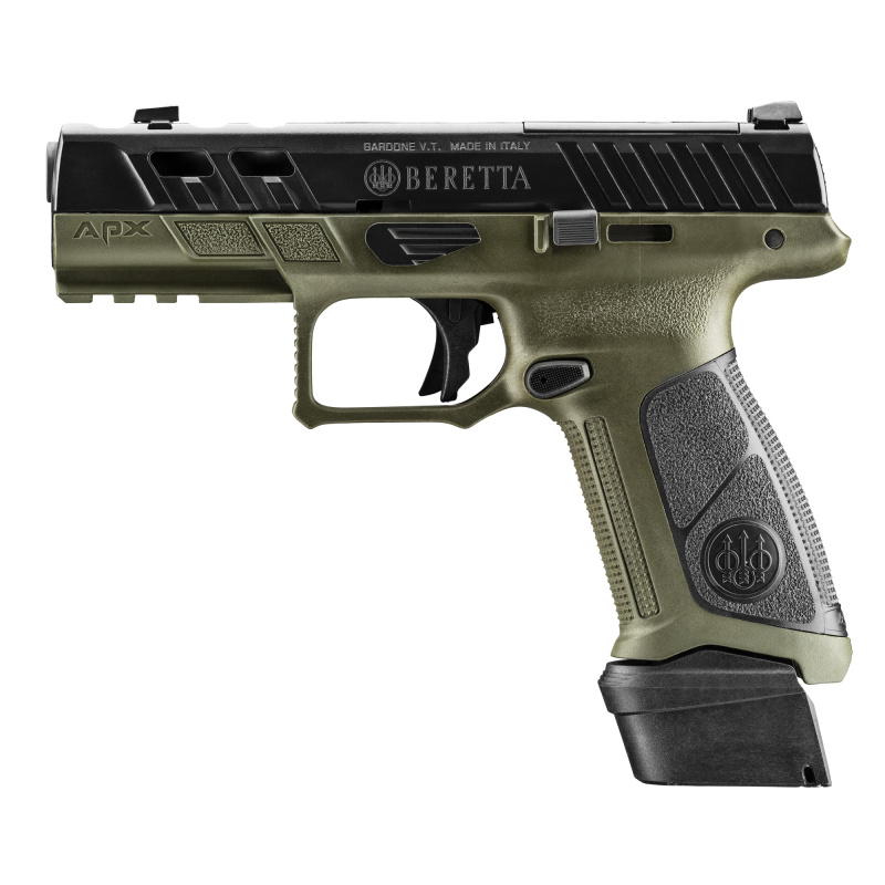 APX-A1, Semi-automatic, Striker Fired, Polymer Frame Pistol, Full Size, 9MM, 4.25" Ported Barrel, Matte Finish, Olive Drab Green, Black Serrated Rear Sight, Orange High-Vis Front Sight, Optic Ready, (1)-21 Round Magazine and (2)-17 Round Magazines JAXA1F