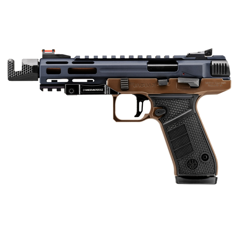 B22 Jaguar Metal Competition, Semi-automatic, Internal Hammer Single Action Only, Full Size, 22 LR, 5.25" Threaded Barrel with Tandemkross Compensator, Bronze and Gray, Ambidextrous Safety, Fiber Optic Front Sight, Optic Ready, 10 Rounds, 2 Magazines JB2