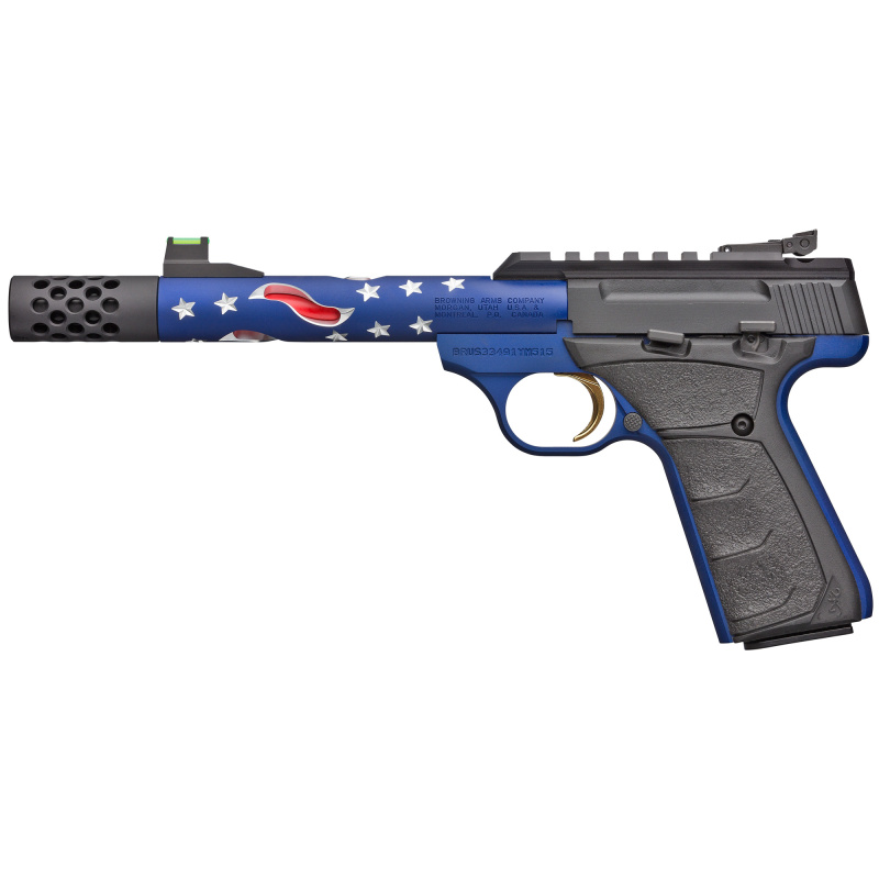 Buck Mark Plus Vision, Semi-automatic| 22 LR, 5.875" Skeletonized Barrel, Threaded, Compensator, Red Cerakote Inner Barrel, Anodized Blue Outer Barrel with Stars, Blue Anodized Aluminum Frame, UFX Grip, Thumb Safety, Adjustable Rear Sight & Fiber Optic F