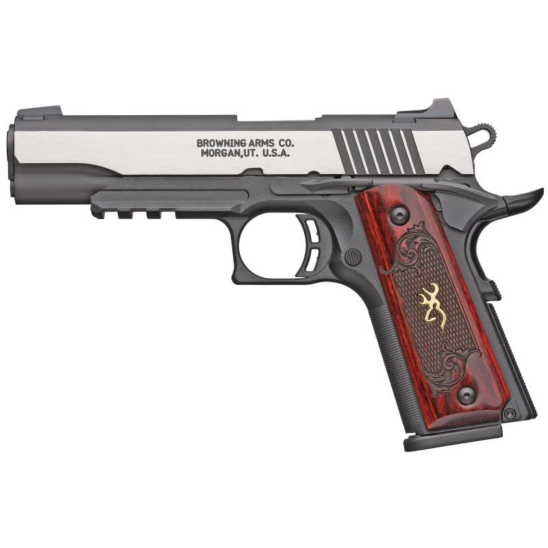 1911-380, Black Label Medallion Pro, Semi-automatic, 1911, 380 ACP, 4.25" Barrel, Black and Silver Two-Tone Color, Matte Finish, Polymer Frame, Ambidextrous Thumb Safety, Laminate Grips, White 3 Dot Sights, 8Rd, 2 Magazines 051969492