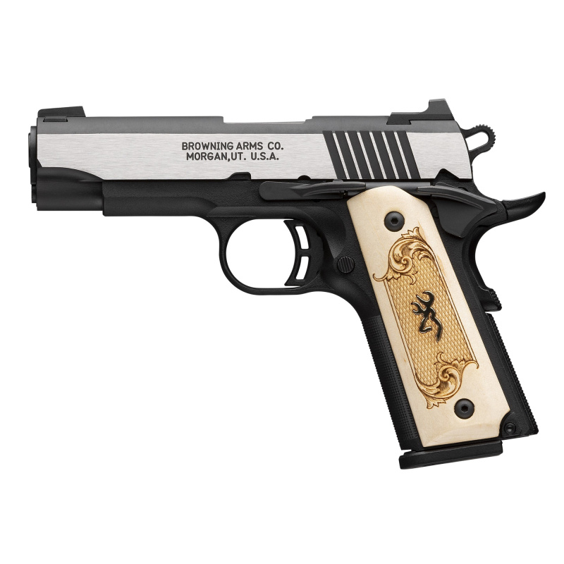Black Label, 1911, Single Action, Semi-automatic,  Metal Frame Pistol, Compact Size, 380 ACP, 3.6" Barrel, Stainless Finish, Silver, Black Frame, Maple Medallion Checkered Grips, 3 Dot Sights, 10 Rounds, 2 Magazines 051999492