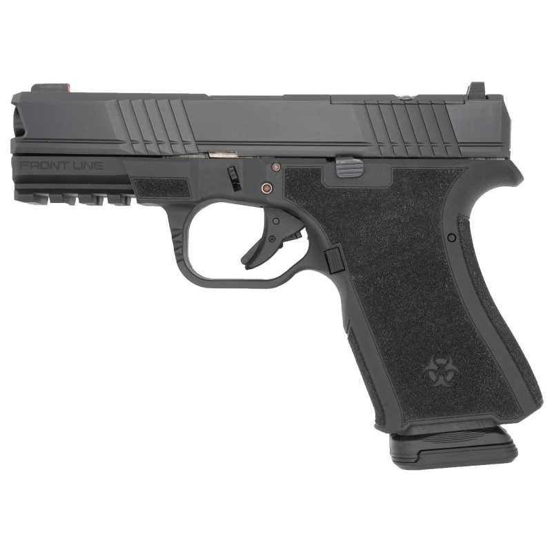 Frontline, Striker Fired, Semi-automatic, Compact, Polymer Frame Pistol, 9MM, 4" Barrel, Cerakote Finish, Black, AmeriGlow Front Sights Tall, 15 Rounds BRO-FL-9MM-BLK